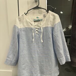 Tommy Bahama Blue and White Lace-Up Top